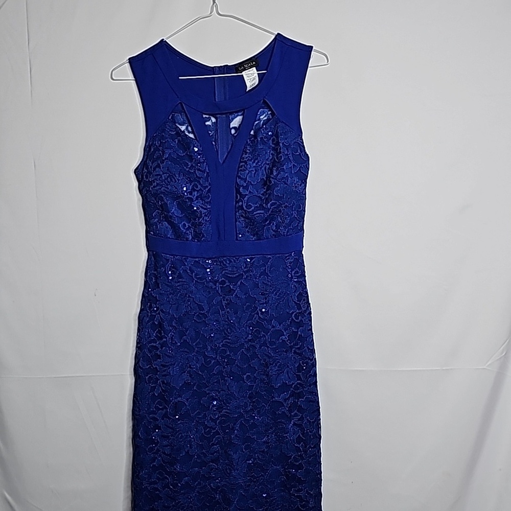 NWOT La Scala blue maxi floor sequin silhouette holiday cocktail party dress M